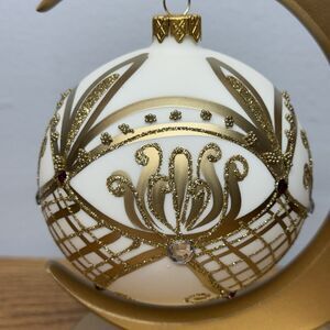 Vitbis Hand Painted 3.5" Christmas Glass Ornament Ivory/Gold Glitter Embellished